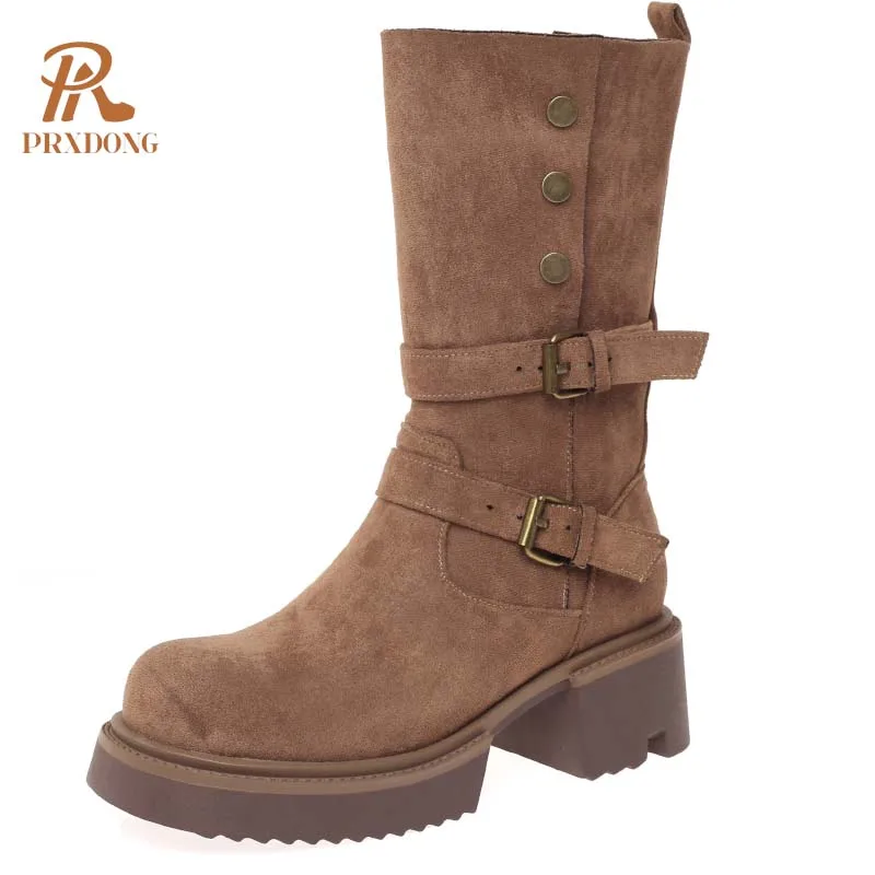 PRXDONG 2024 новые брендовые женские ботинки до середины икры из натуральной кожи
