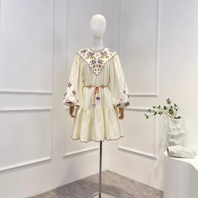 

2023 Cotton Linen New Summer Top Quality Vintage Long Lantern Sleeve Floral Embroidery Woman Casual Mini Dress