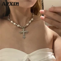 vintage rhinestone cross necklace for women pearl jewelry y2k choker collier femme beads goth chain collar valentines day gift