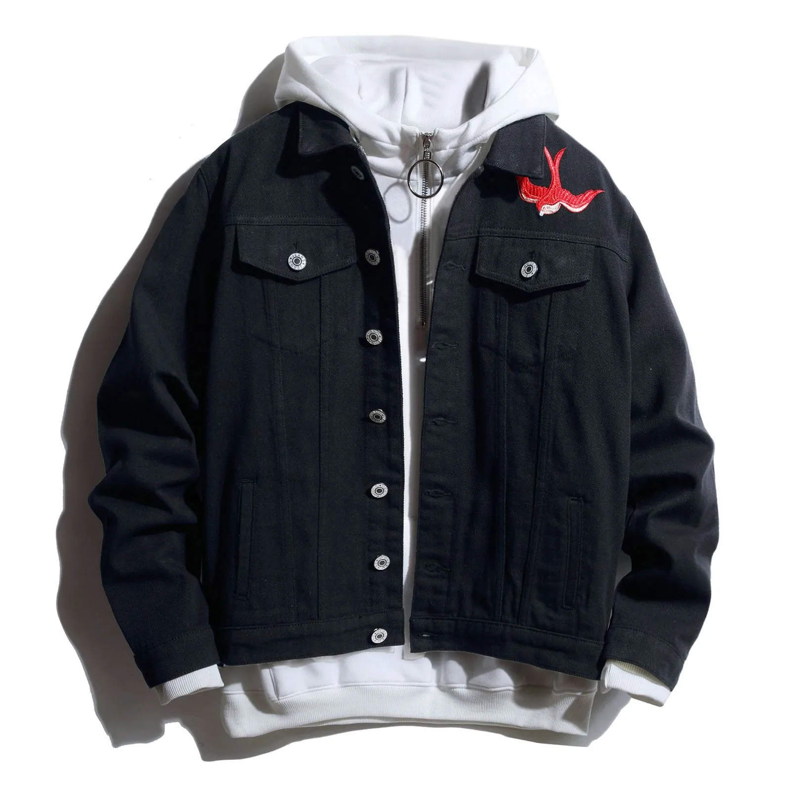 

Мужская джинсовая куртка оверсайз, однотонная мешковатая куртка черного цвета с вышивкой, лацканами и пуговицами в стиле пэчворк, уличное п...