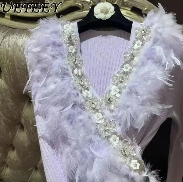 Вязаный свитер с блестками и цветами перьями для тяжелой промышленности джемпер