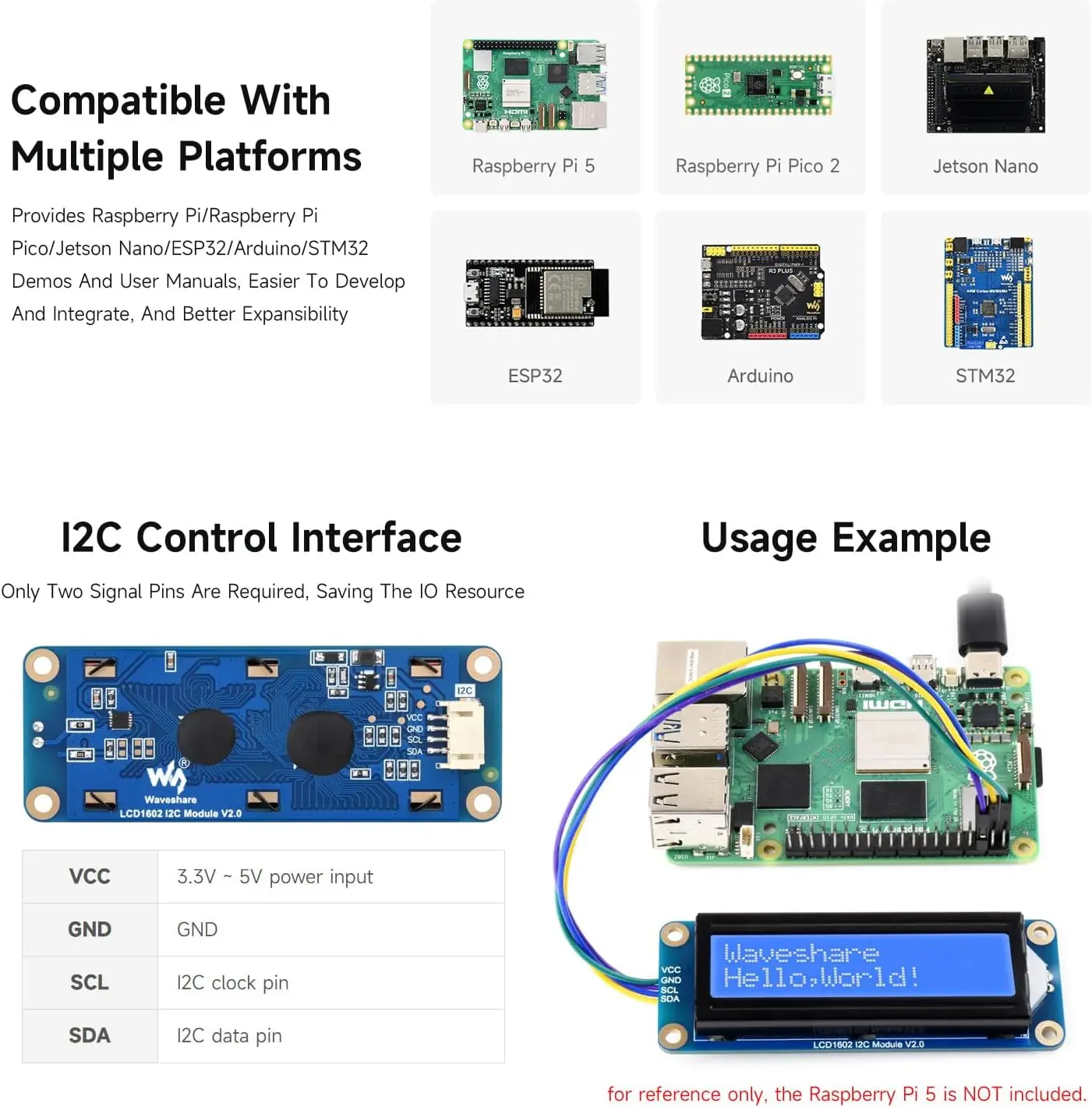 Фото Waveshare LCD1602 I2C ЖК-модуль 16x2 символов 3,3 В/5 В подсветка регулируемая для Arduino Raspberry Pi 5 Pico ESP32 Jetson Nano №4
