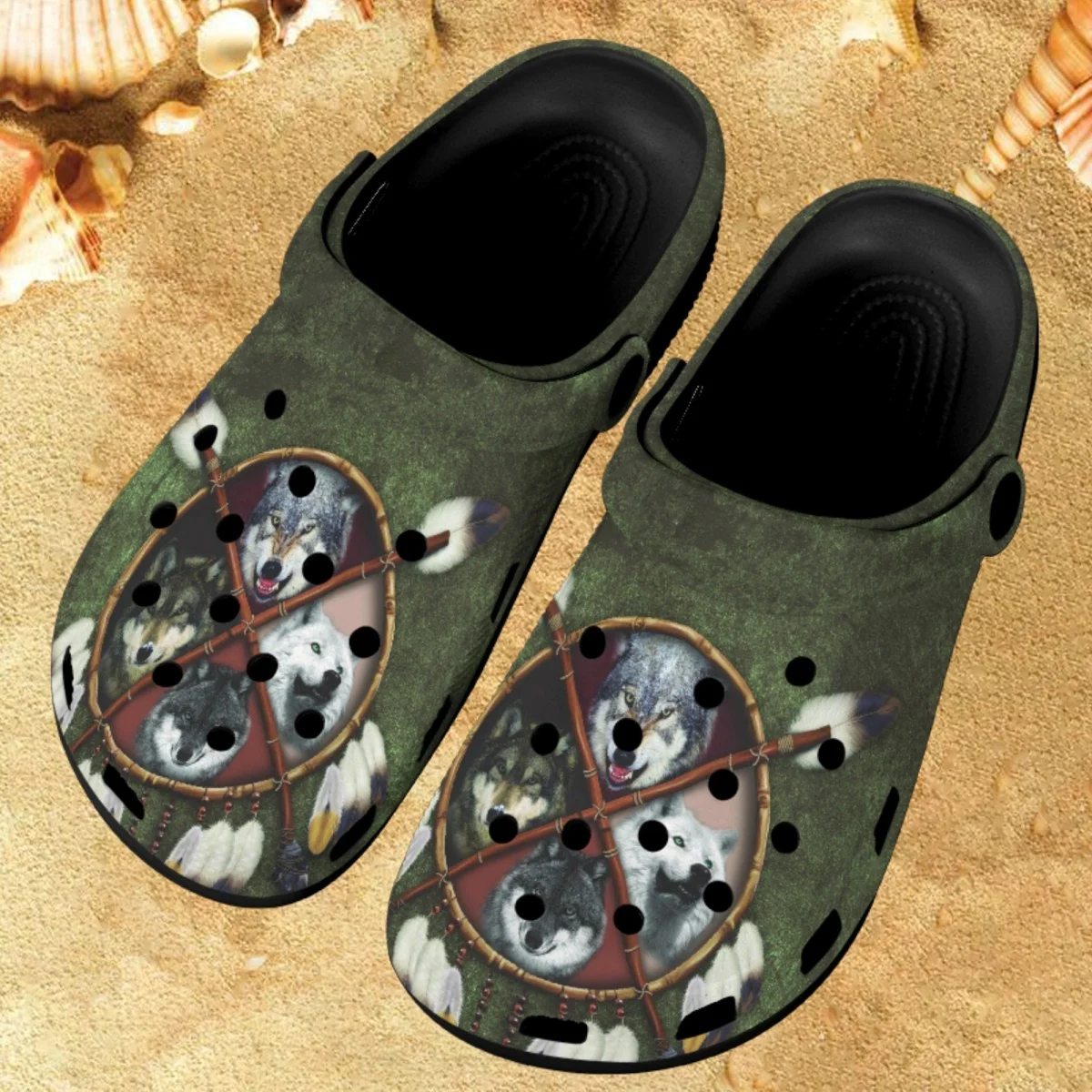 

Сандалии пляжные женские, повседневная обувь на плоской подошве, модные шлепанцы для дома с этническим принтом волка, противоскользящие шлепанцы для сада