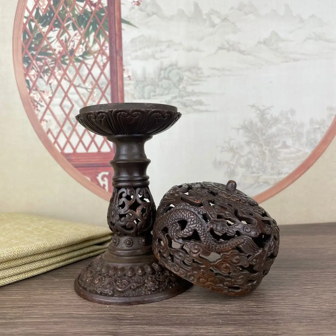 Античная Медная полая курильница Sugong двойной дракон медная с высокой ногой