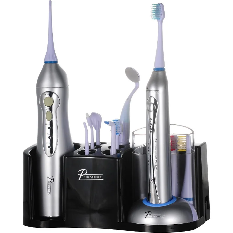 

Pursonic rechargeable sonic toothbrush and rechargeable water flosser with 12 brush heads