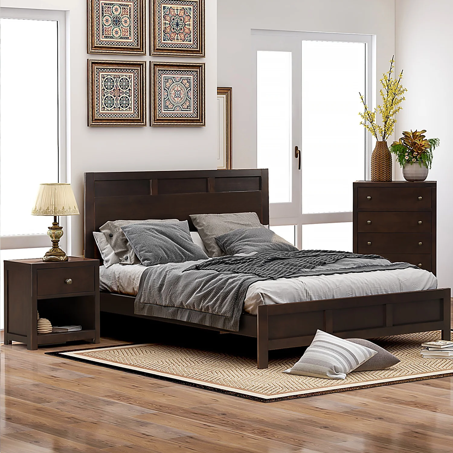 

Classic Rich Brown 3 Pieces King Bedroom Set (King Bed + Nightstand+ Chest)