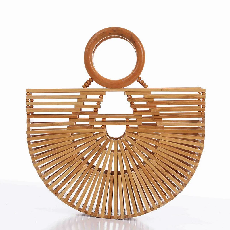 

New Handmade Bamboo Bag Women Summer Bag Hollow Bag Bamboo Basket Straw Beach Bag Hand-held Bamboo Half Round Bag Сумочка