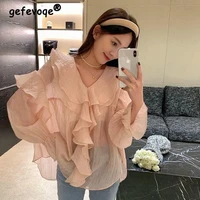 blouse women autumn solid ruffles sweet pink puff sleeve v neck korean preppy style all match loose long sleeve chic tops female