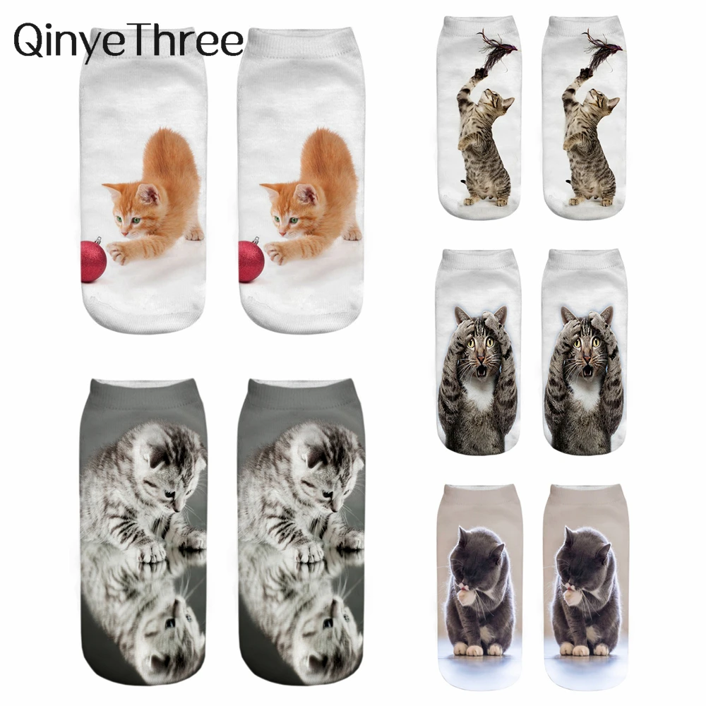 

New Hot 3D Print Funny Cute Cartoon Kitten Unisex Short Socks Creative Colorful Multiple Cat Happy Low Ankle Socks For Women