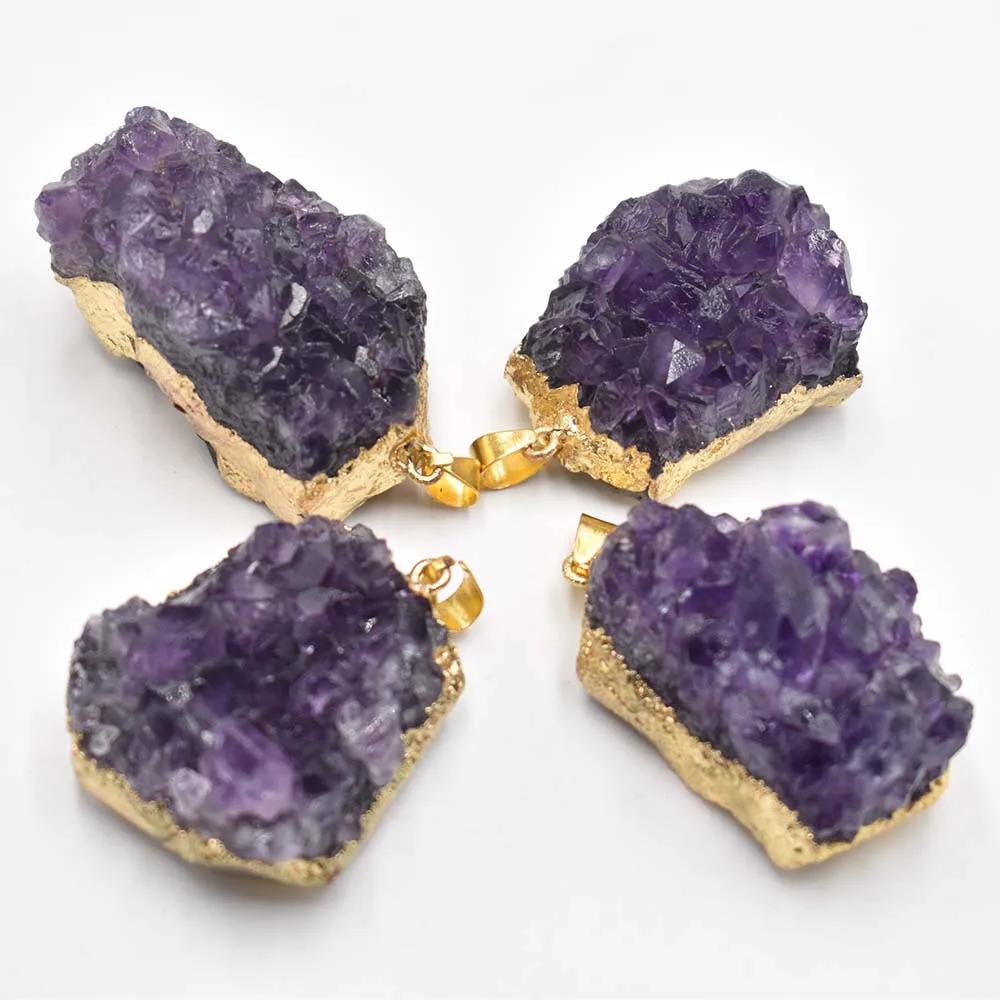 

4pcs Druzy Irregular Random Natural Amethysts Quartz Geode Cut Necklace Crystal Piont Stone Pendant Natural Drusy Stone Healing