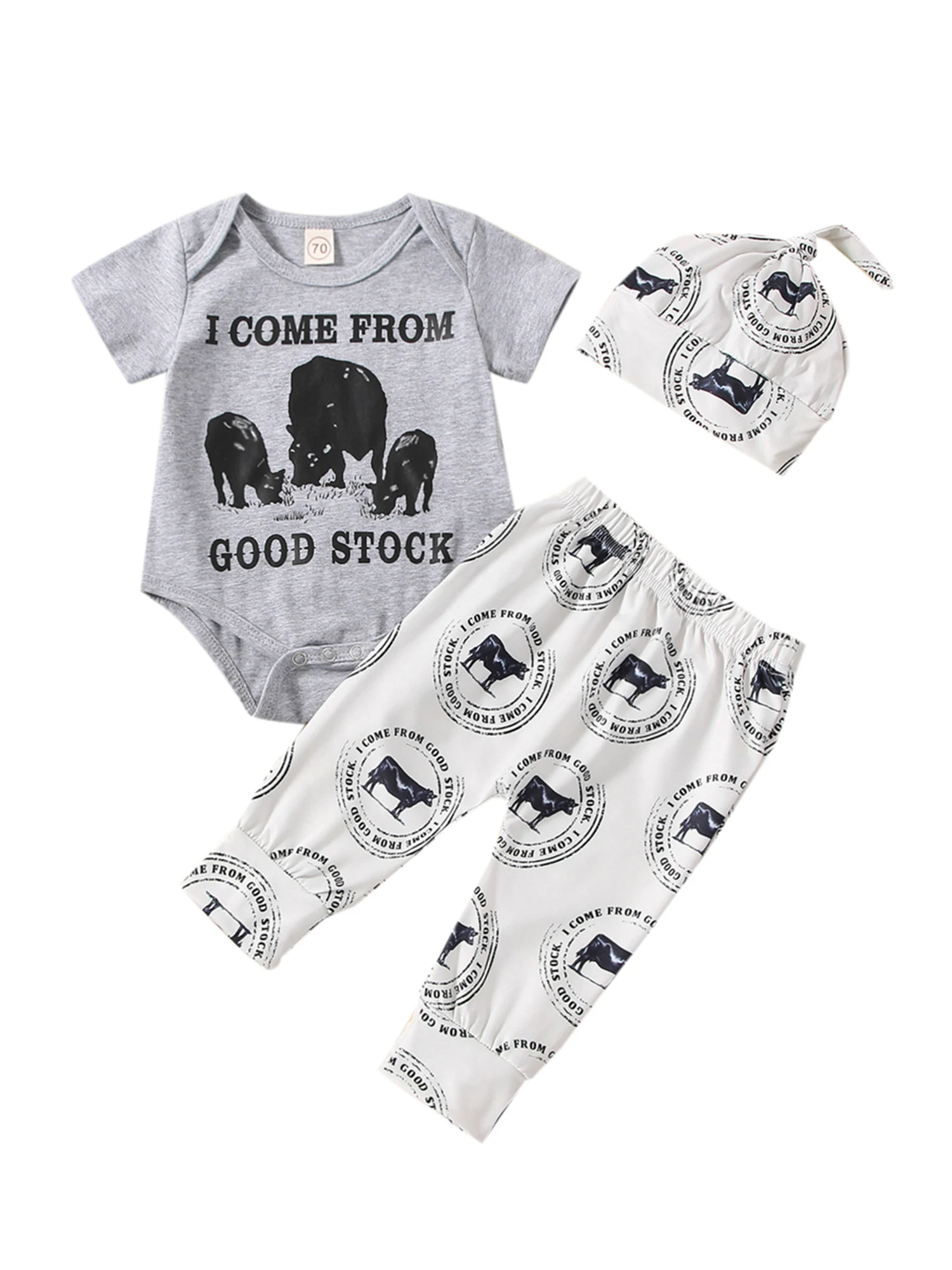 

Western Newborn Baby Boy Clothes New to The Herd Romper Cow Print Pants Hat Cowboy 3Pcs Coming Home Outfit