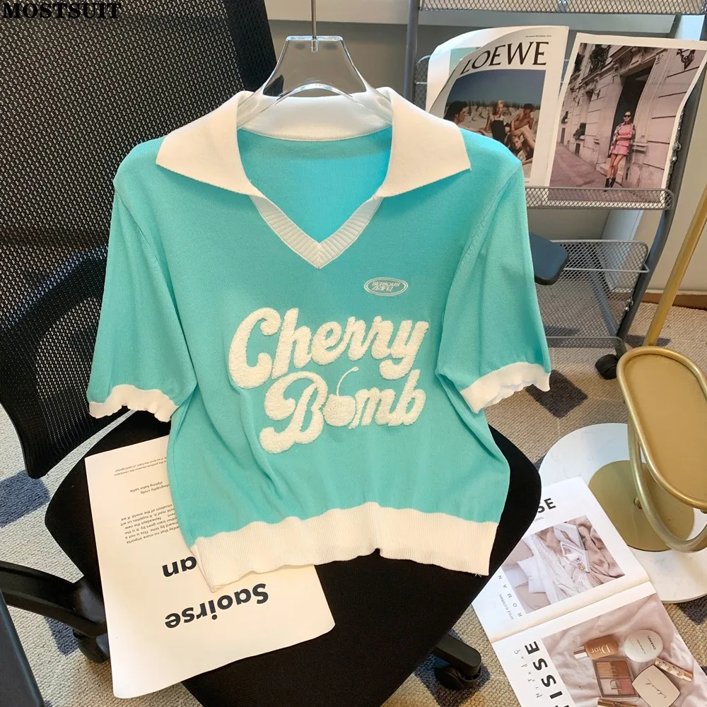 

Letters Embroidered Knit Tshirt Sweater Women 2023 Summer Short Sleeve V-neck Crop Tops Tees Vintage Fashion Streetwear Knitwear