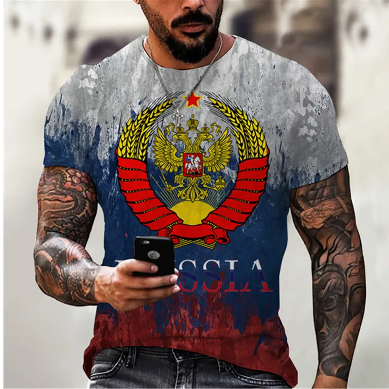 

Summer Men T-shirt 3D Printing Round Neck Russian Flag Short Sleeve Clothing Streetwear Oversized Quick-drying Tops Clothing