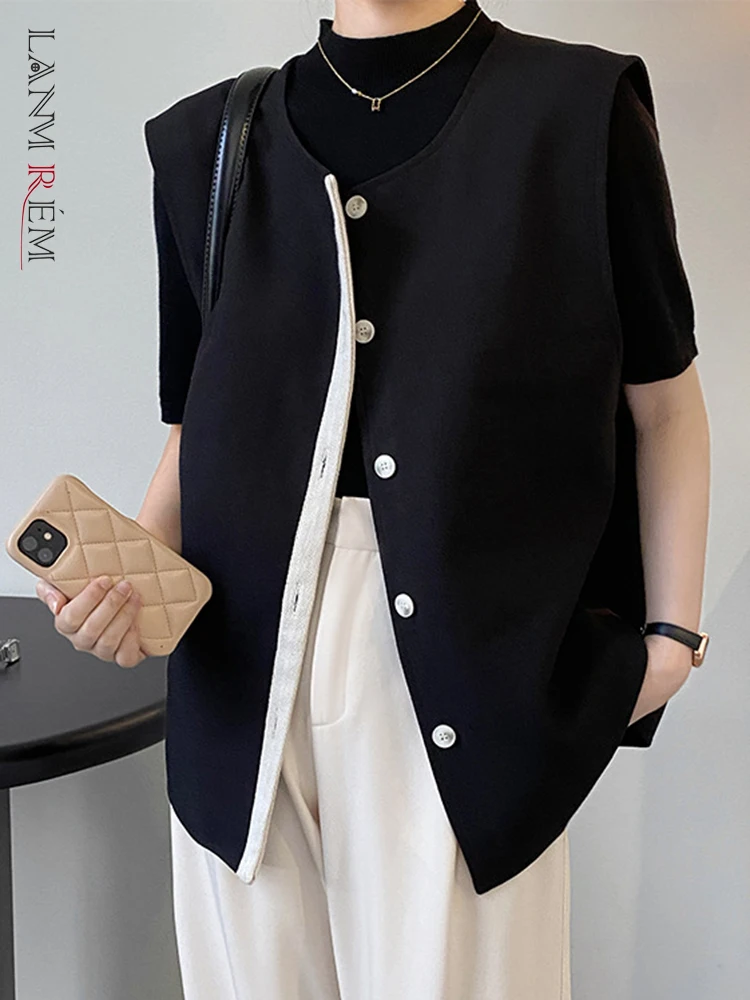 

[LANMREM] Elegant Contrast Color Vest For Women V Neck Single Breasted Sleeveless Female Jackets 2023 Autumn New Clothes 26D3218