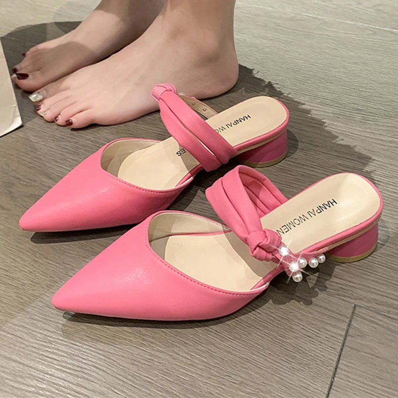 Pearl Pointed Toe Women's Mules Sexy Square Heeled Mules Slippers Women Sandals 2023 New Korean Trend Outdoor Pink Party Shoes