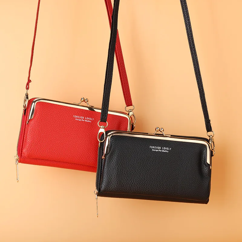 New Women Money Purses Solid Color PU Leather Shoulder Strap Bag Mobile Phone Big Card Holders Wallet Handbag Pockets For Girls