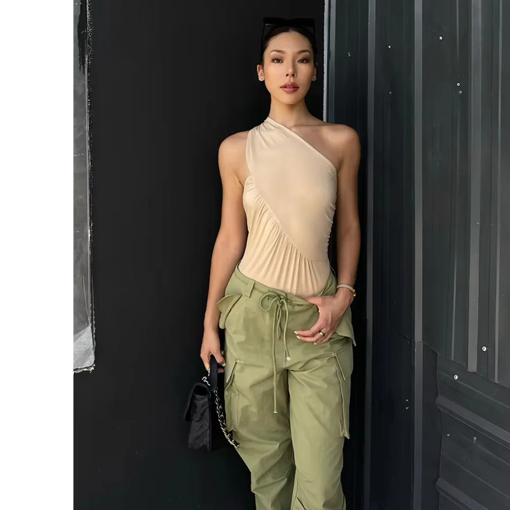 VanessaLab Summer Neck Hanging Single Shoulder Pleated Elastic Nude Color Backless Niche Design Vest Base camisole tank