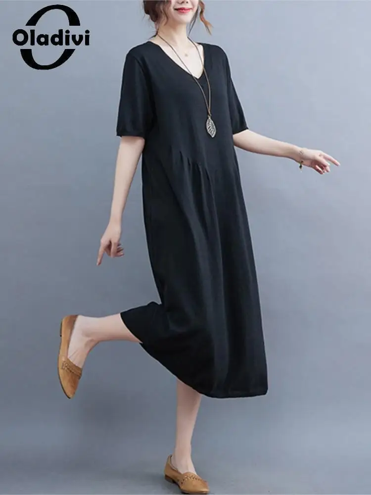 Oladivi Solid Color Short Sleeve Women's Simple Comfortable Knitted Dress Ladies Large Size Casual Loose Oversized Dresses 8569