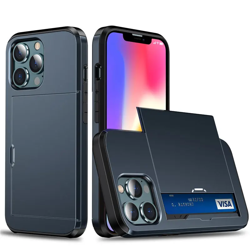 

Armor Slide Card Slot Phone Case For iPhone 12 11 Pro Max XR XS Max X 7 8 Plus 12 11 Pro 11 13 Pro Max Shockproof Card Bag Cover