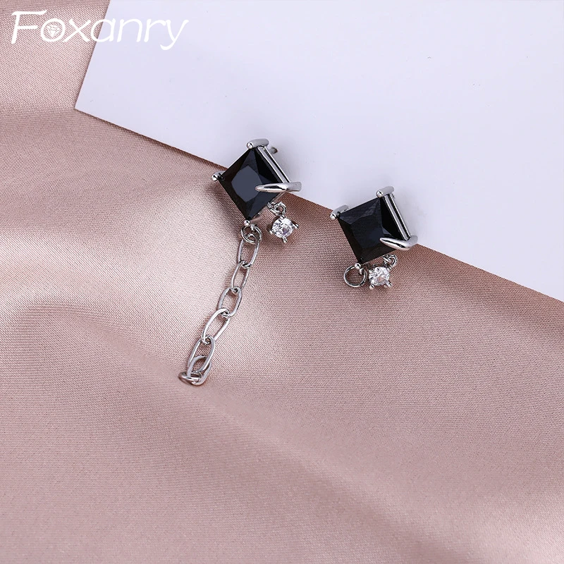 

FOXANRY 925 Sterling Silver Chain Tassel Stud Earrings for Women New Fashion Creative Black Zircon Earrings Party Jewelry Gifts