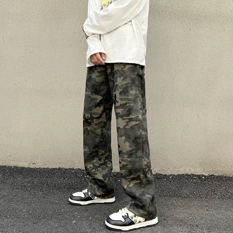 Men Outdoor Camouflage Overalls Jeans Men's Pants Loose Hanging Feeling Straight Tube Wide Leg Rest Slacks Denim Trousers