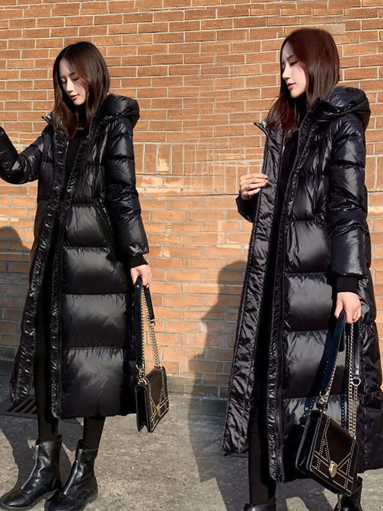 Black Glossy Parka Coat Women's 2022 Fashion Thicken Winter Hooded Loose Long Jacket Female Windproof Rainproof Warm Outwear