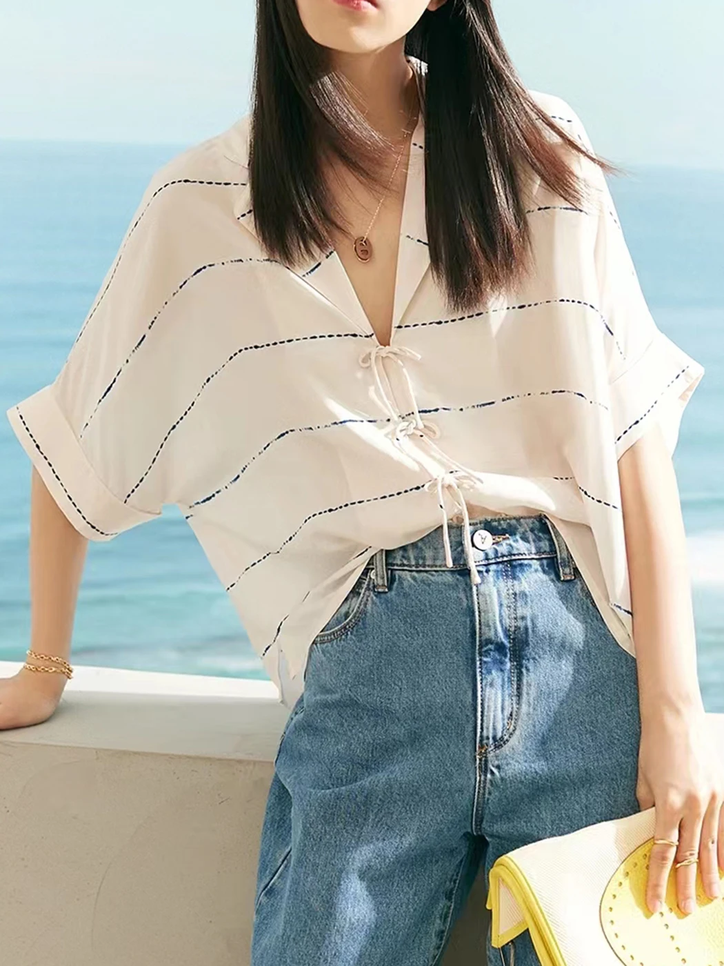 

France Vacation Blouse Shirt Women Lapel V Neck Batwing Sleeve Bow Tie Casual Cardigan Vintage Summer Shirts Female Clothes 2022