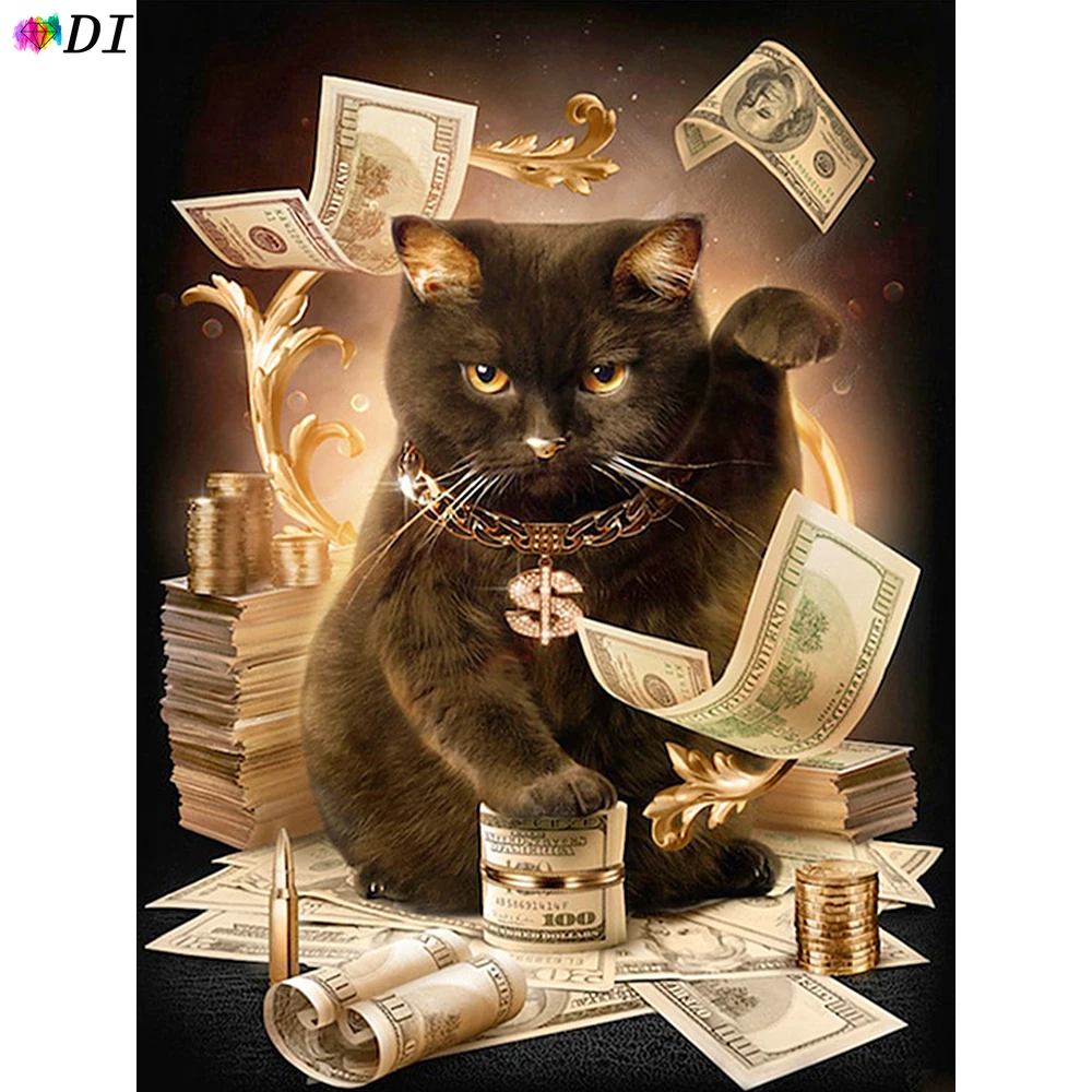

Набор для алмазной вышивки DIYDP 5D «сделай сам», картина из золотых монет, наличных, с изображением черной кошки, квадратная/круглая мозаика для домашнего декора