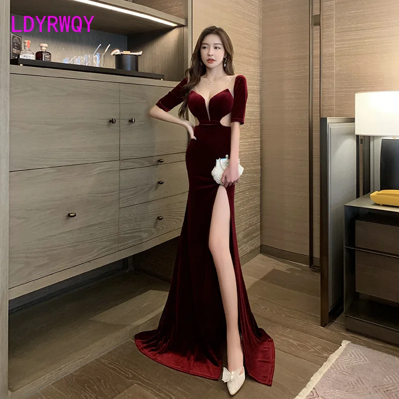 2022 Sexy low-cut velvet See-through Dress temperament backless high slit mopping lady