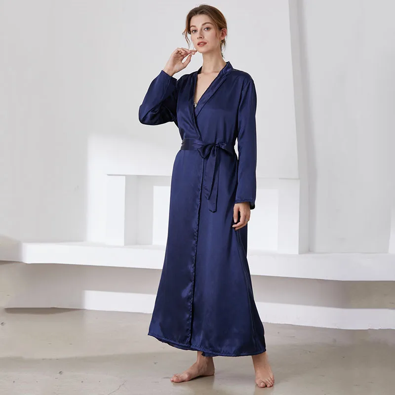 Women Long Sleeve Sleepwear Surplice Maxi Dress Robe Nightgown with Belt