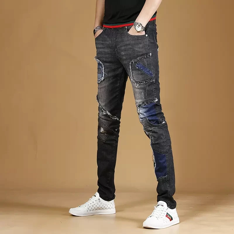 Autumn Black Patchwork Jeans Men Streetwear Slim Fit Straight Pants Casual Biker Stretch Denim Trousers