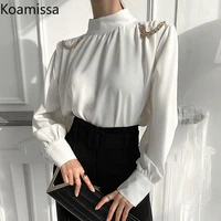 koamissa loose women elegant solid shirt office lady chic korean spring blouse stand collar chain outwear blusas dropshipping