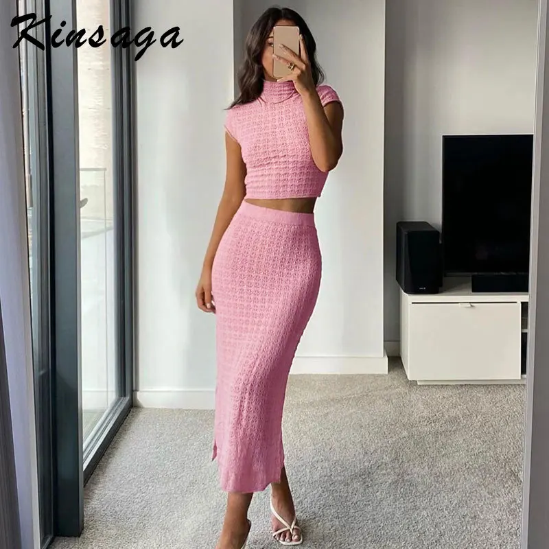 

Streetwear Y2k Pink Stand Collar Crop Top 2 Piece Set Women Hollow Out Crochet Suits Elegant Bodycon Slit Midi Skirts Female Set