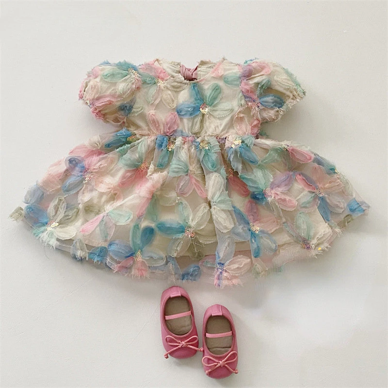 

Новое Детское платье, детская одежда, искусственная принцесса, с коротким рукавом, Цветочный Тюль, для маленьких девочек, детские платья на свадьбу и день рождения