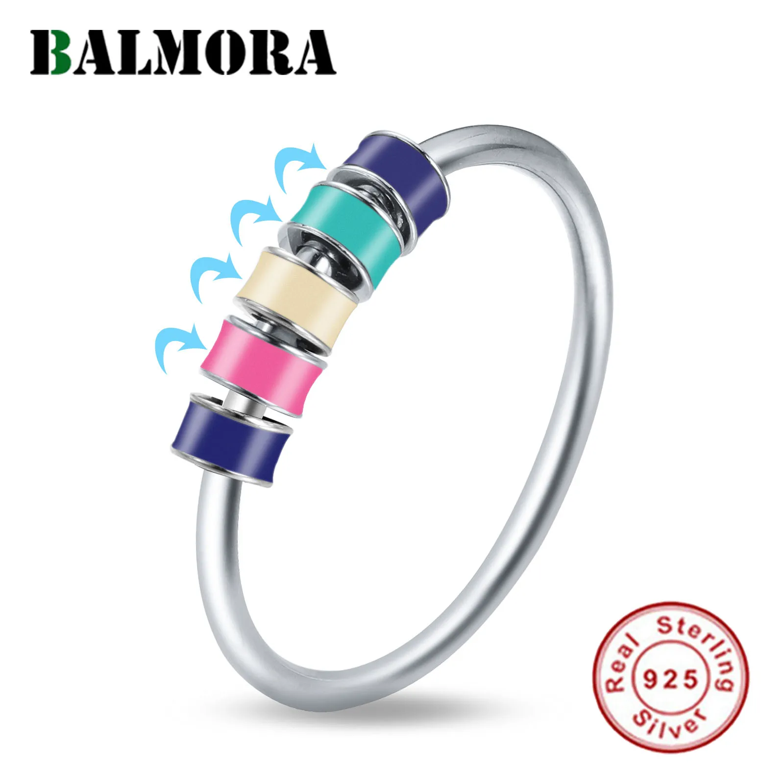

BALMORA S925 Silver Colorful Bead Enamel Anti Anxiety Rings For Women Men Girl Vintage Fidget Spinner Beads Ring Jewelry Gift