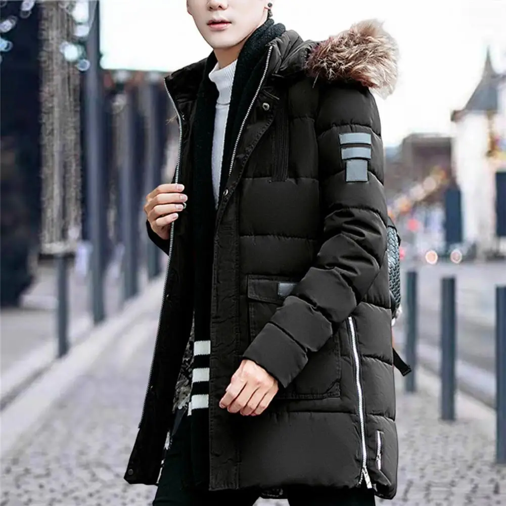 Men Cotton Coat Hooded Zipper Split Solid Color Padded Furry Keep Warm Thicken Zipper Plus Size Men Down Coat for Camping