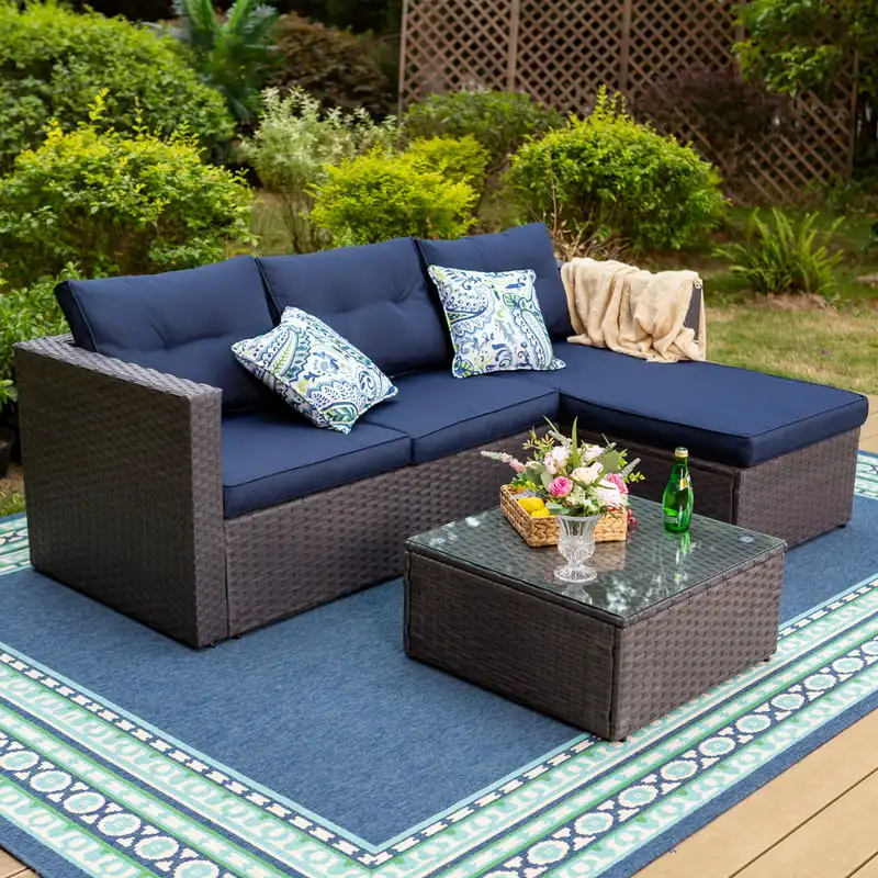 

Pieces Outdoor Sectional Sofa Set Wicker Patio Furniture Conversation Set with Navy Blue Cushions