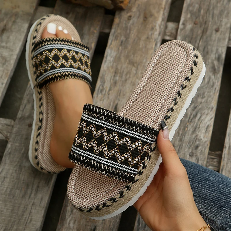 Vintage Ethnic Style Braide Geometry Beach Slipper Fashion Peep Toe Sandals Casual Thick Wedege Heel Slip-on Women's Shoes Flats