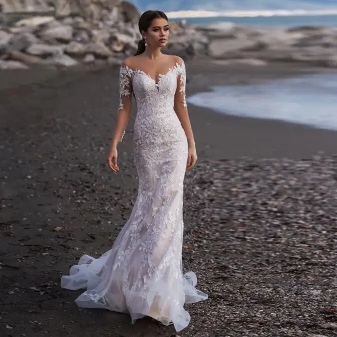 

Beach Long Sleeves Mermaid Tulle Wedding Dress Elegant V-Neck Lace Appliques Illusion Back With Button Bridal Gown Custom Made
