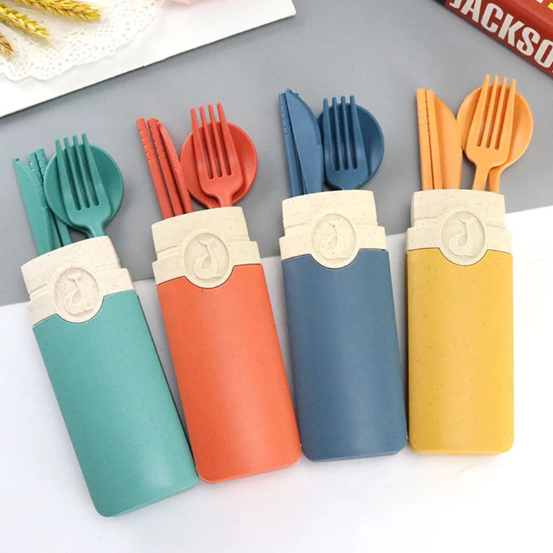

4pcs/set Reusable Spoon Fork Chopsticks Knife Eco-friendly Wheat Straw Tableware Cutlery Set