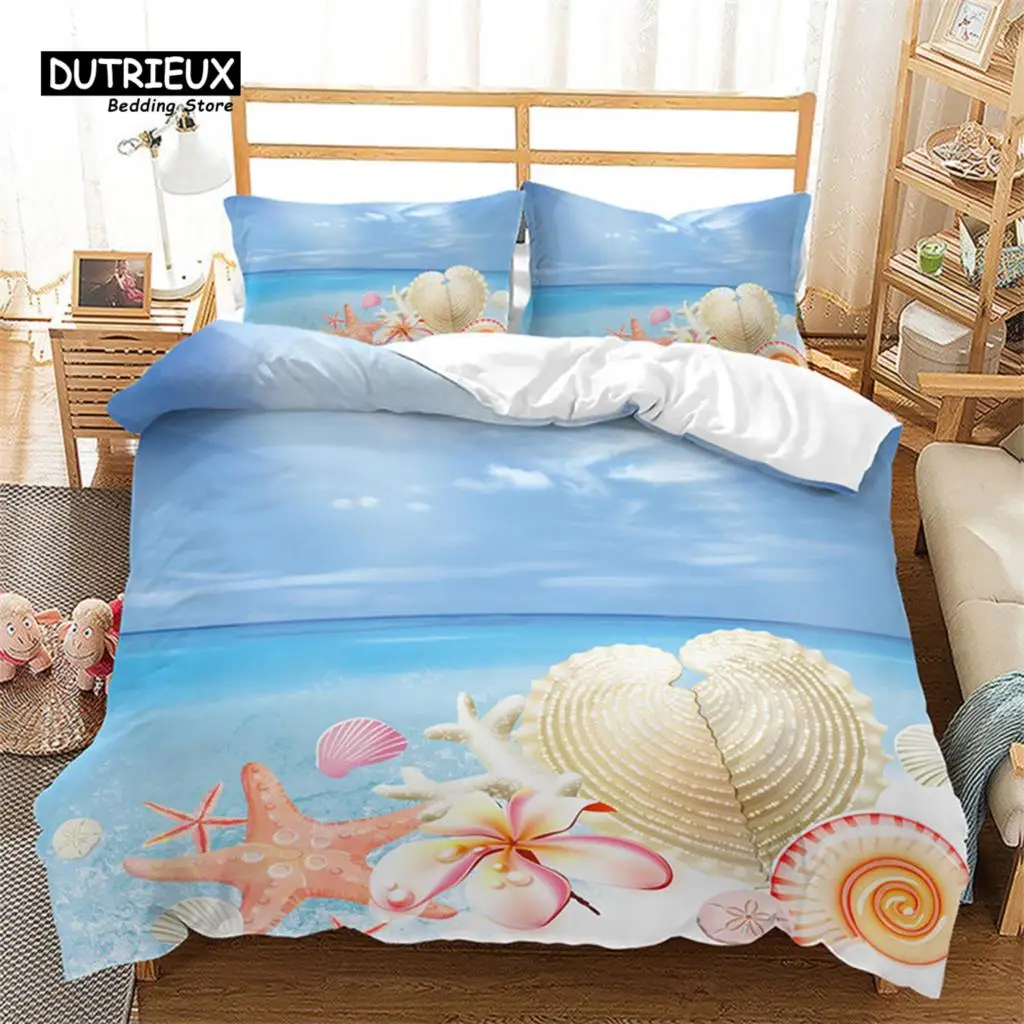Summer Beach Duvet Cover Hawaiian Vacation Style Seashell Starfish Bedding Set Microfiber Tropical Landscape Queen Quilt