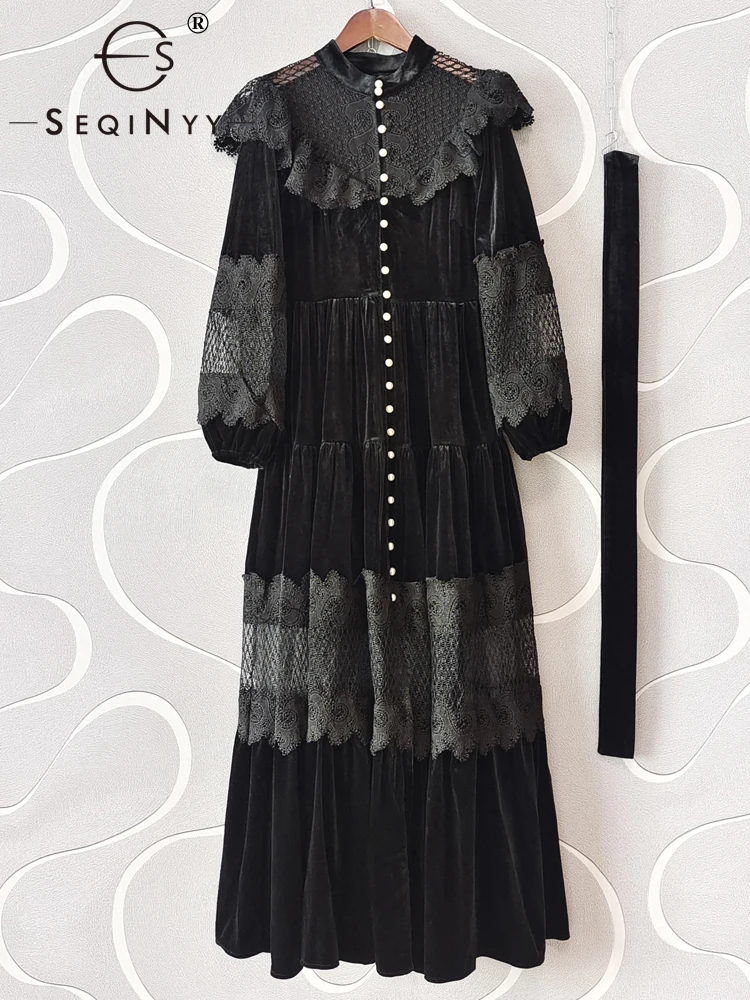 

Женское длинное бархатное платье SEQINYY, элегантное модельное платье с кружевом, Повседневное платье с поясом, весна-осень