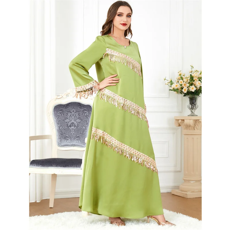 Luxury Elegant Dress Women Evening Party Gown Sequins Tassel Abaya Muslim Moroccan Caftan Jalabiya Islamic Vestidos Holiday Robe