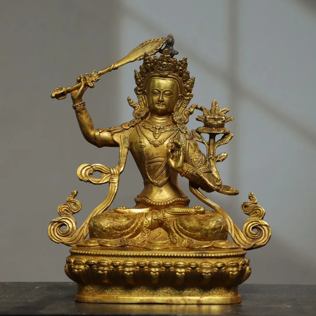 

9"Tibetan Temple Collection Old Bronze Gilding Manjushri Bodhisattva Buddha Lotus Platform worship hall Town House Exorcism