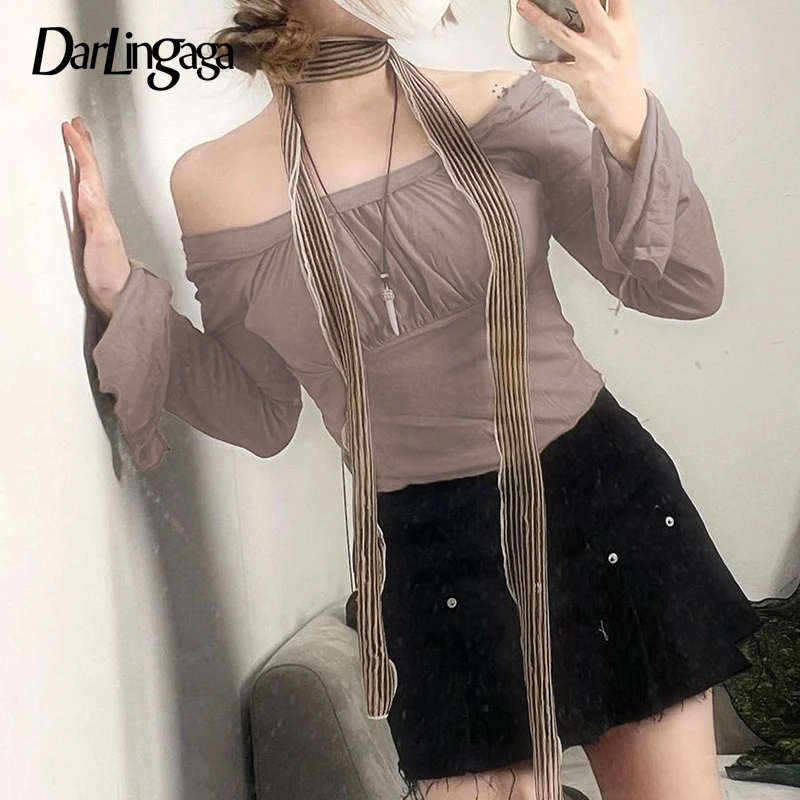 

Darlingaga Korean Fashion Autumn T-shirts for Women Folds Flare Sleeve Cropped Top Solid Japanese Y2K Tee Shirts Sweats Clothing