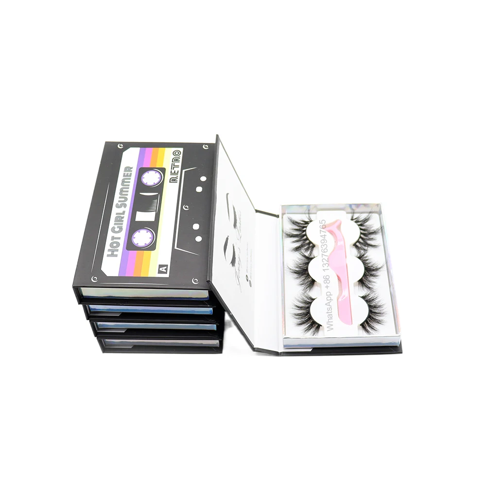 

Cassette Tape 3 Pairs Lash Book Wholesale Reusable Lash Books 25MM False Eyelash Packaging Box 3D Cruelty Free Mink Lashes