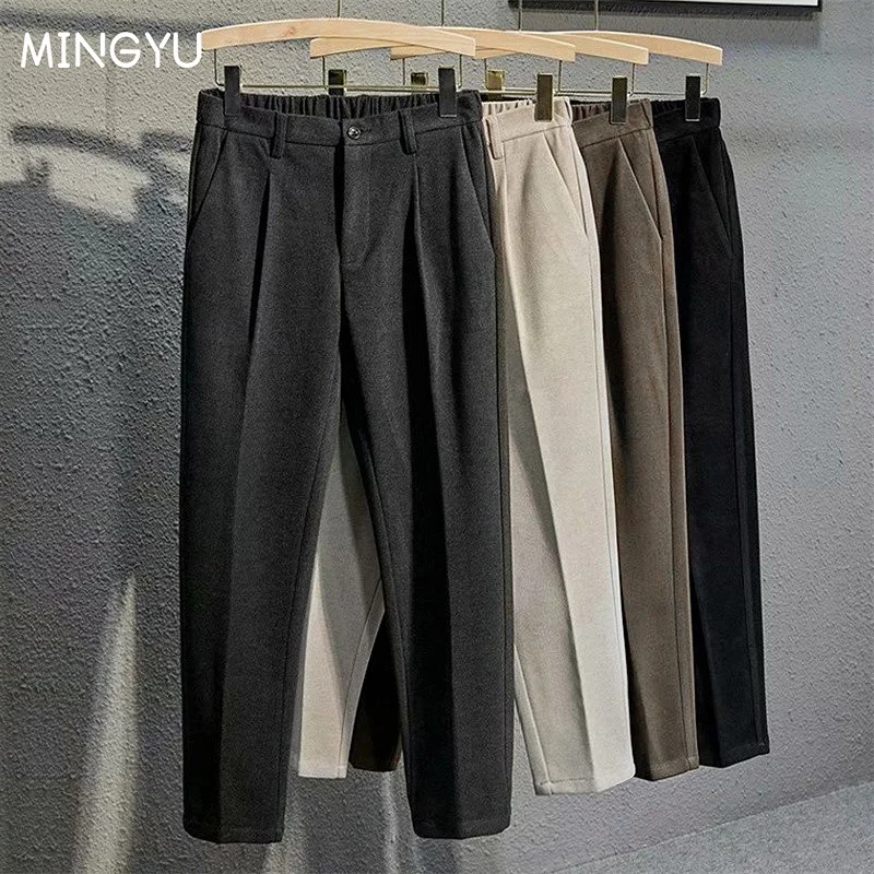 

Winter Thick Suit Pants Men Casual Straight Drape Korean Classic Fashion Business Woolen Cloth Brown Black Formal Trousers Male