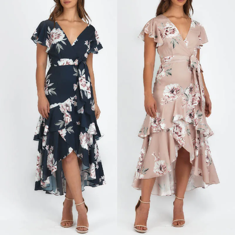 

Женское винтажное асимметричное платье с V-образным вырезом и цветочным принтом