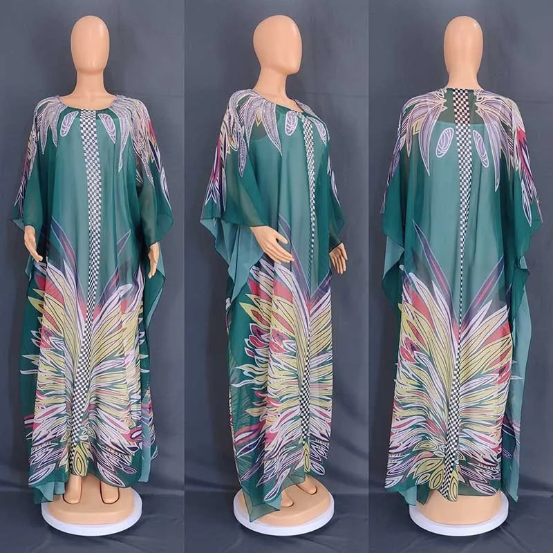 Fashion Muslim Abaya Dashiki Traditional Party Maxi African Dresses For Women Printed Chiffon Loose Diamond Long Dress Robe 2023