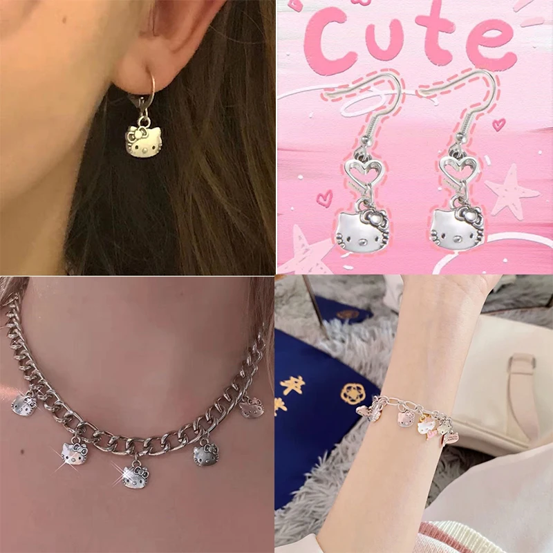 

Sanrioed Cute Cartoon Kawaii Kitty cat Necklace Clavicle Chain Bracelet Earrings Alloy Earrings Girl Birthday Gift
